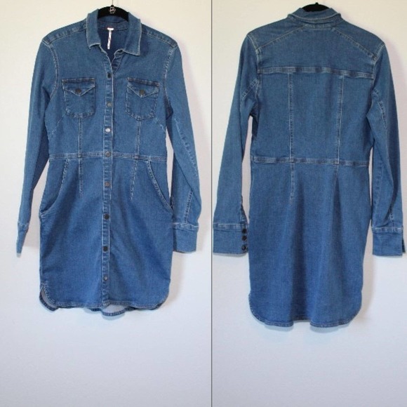 Free People Dynomite Denim Mini Shirt Dress Retro 70's Western Medium H14890 - Picture 13 of 15